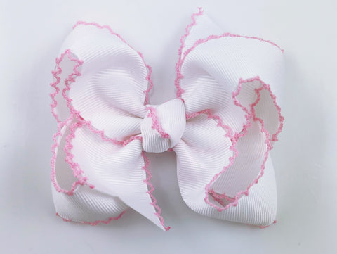 white and baby pink moon stitch hair bow for girls