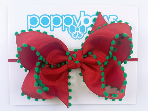 Red and Green Pom Pom 4 inch Baby Girl Bow Headband