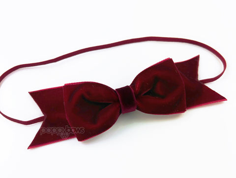 burgundy velvet baby headband with dark red bow