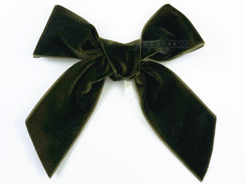 Olive Green Velvet Hair Bow with Tails | 4.5 inch