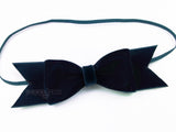 navy velvet bow baby headband on elastic