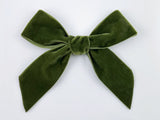olive green velvet hair bow with long tails
