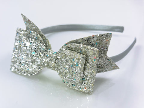 silver glitter bow headband for toddler and big girls