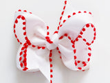 red and white pom poms christmas hair bow for girls