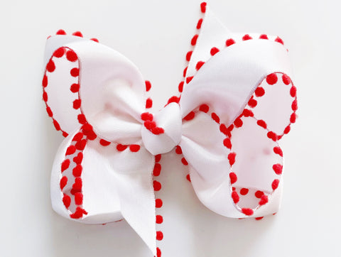 red and white pom poms christmas hair bow for girls