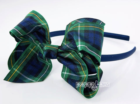 school uniform plaid girls headband with bow in navy royal blue, dark green, yellow and white