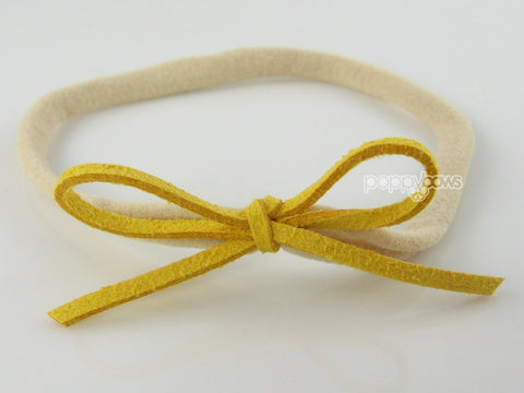 mustard yellow suede tie baby girls bow headband on nylon