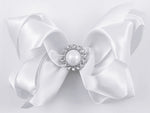 flower girl hair bow white satin pearl
