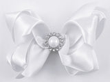 flower girl hair bow white satin pearl