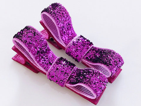hair bow clips for girls magenta purple glitter