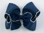 navy blue and white moonstitch ribbon hair bow girl