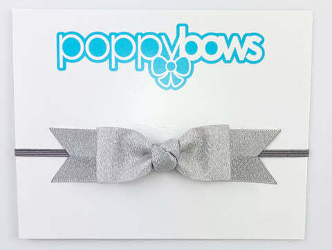 silver baby girl bow headband with long bow on elastic