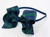 school uniform plaid hair bow headband for girls navy blue and dark green