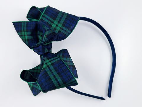 school uniform plaid hair bow headband for girls navy blue and dark green