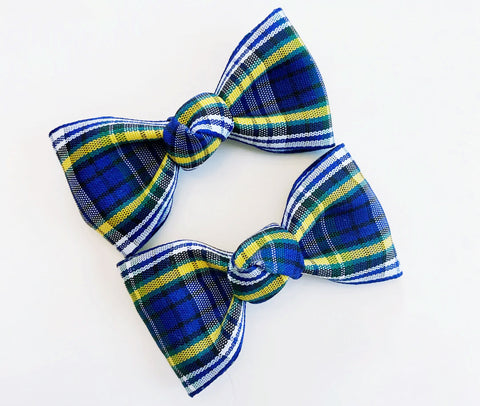 school plaid hair bows for girls in royal blue white green and yellow