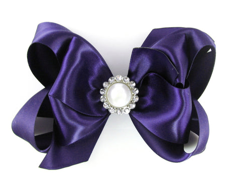purple satin hair bow with pearl