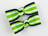 cute hair bow clips for baby toddler girls in navy blue and lime green striped