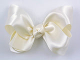 3.5 inch ivory satin flower girl hair bow