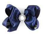 navy blue large satin girl's hair bow with pearl