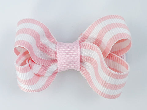 light pink and white striped small baby hair bow, cute extra small 2 inch hair bows for babies