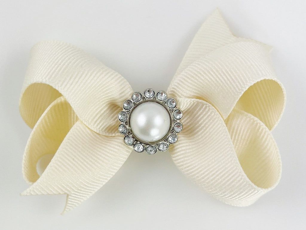 Ivory 3 Inch Hair Bow with Pearl Rhinestone Center – PoppyBows