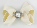cream ivory flower girl hair bow with pearl