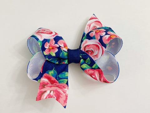 navy blue pink floral hair bow