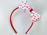 hard headband with big bow in white red and pink hearts print