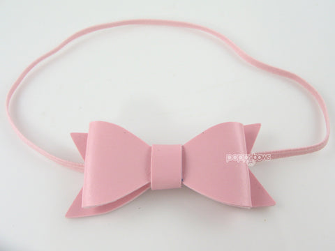 rose pink baby girls bow headband on skinny elastic