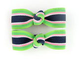 bahama breeze, navy blue lime green pink stripes striped hair clips small hair bows for girls, preppy barrettes