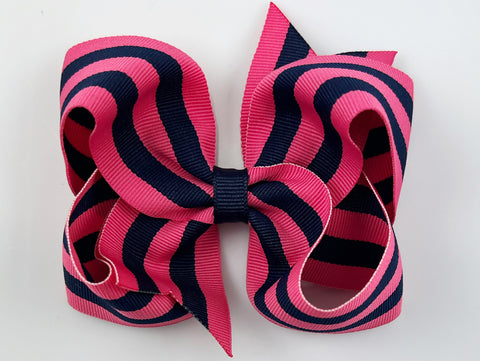 navy blue pink striped hair bow