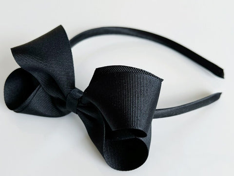 big girls headbands, hard headbands, lined headbands with bows, back to school headbands, headbands with bows for girls, school headbands, bow headbands u shaped plastic band, grosgrain ribbon bow headbands toddlers big girls 4” 4 inch big large bow, black