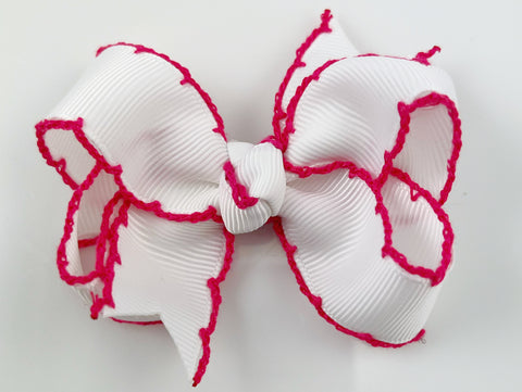 white and pink moonstitch 3 inch baby girl hair bows