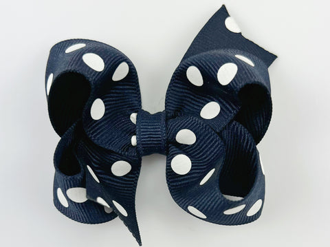 navy blue and white polka dot hair bow 3 inch