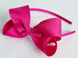 big girls headbands, hard headbands, lined headbands with bows, back to school headbands, headbands with bows for girls, school headbands, bow headbands u shaped plastic band, grosgrain ribbon bow headbands toddlers big girls 4” 4 inch big large bow, shocking pink, dark pink, bright pink