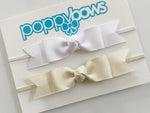 white and ivory baby girl headbands with long bow and elastic