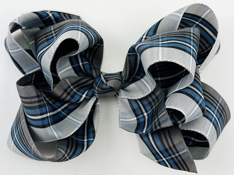 school uniform plaid hair bow in blue and gray