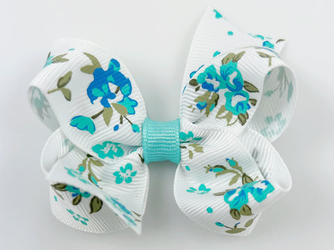 white and aqua blue floral print baby girl 3 inch hair bow