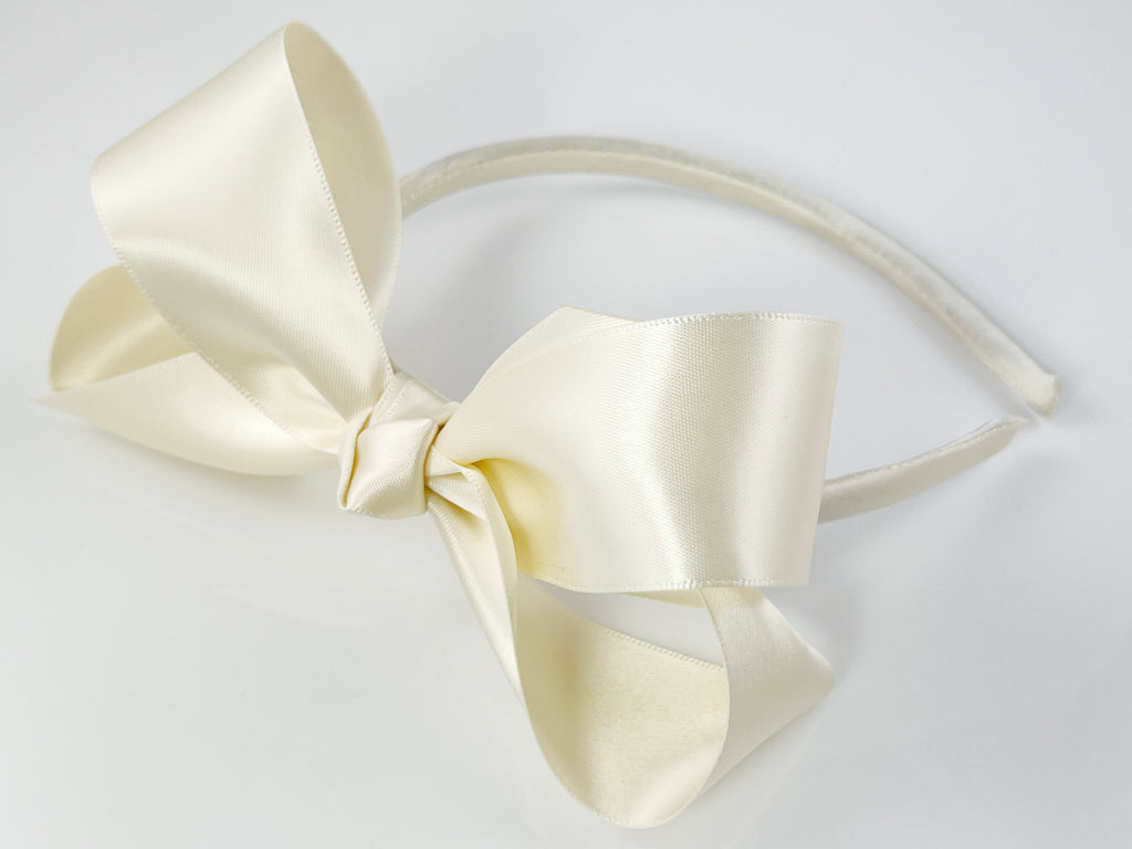 Handmade Big Boutique Solid Ivory Girls Over The Top Hair Bow Headband 4 inch / Permanently Attached to Headband