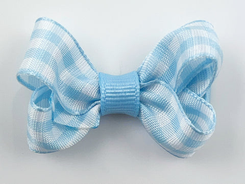small hair bow in light baby blue gingham