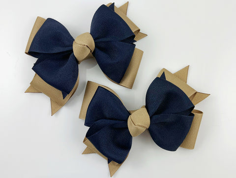 back to school uniform girls hair bows in tan khaki and navy blue