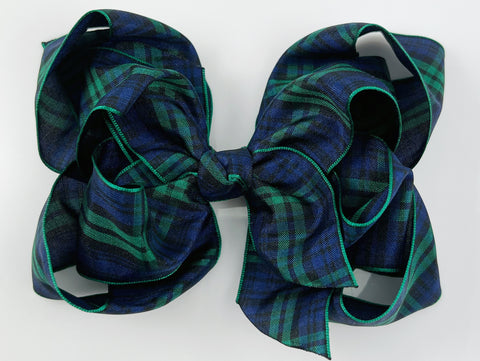 school plaid hair bow for girls navy blue and dark green