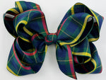 school plaid hair bow for girls, navy royal, dark green, yellow, and red