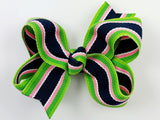 navy blue, lime green, and pink striped baby girl 3 inch hair bow