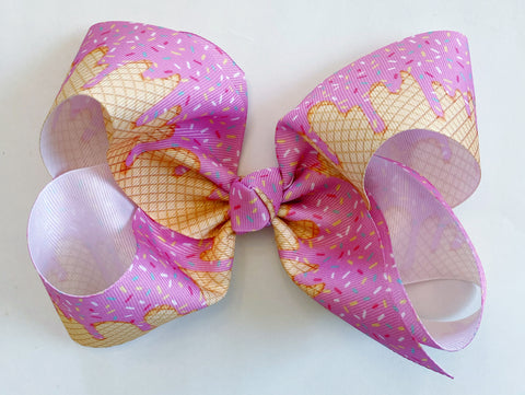 pink extra large hair bow in ice cream cone and pink sprinkles print