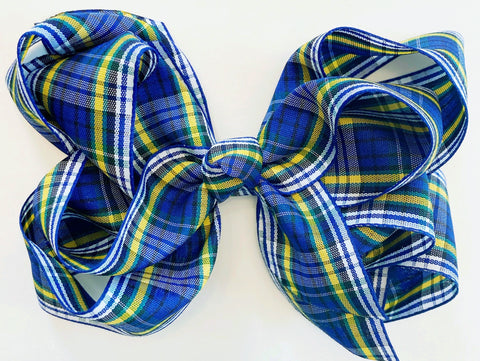 school plaid hair bow for girls in royal blue and yellow
