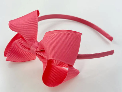 big girls headbands, hard headbands, lined headbands with bows, back to school headbands, headbands with bows for girls, school headbands, bow headbands u shaped plastic band, grosgrain ribbon bow headbands toddlers big girls 4” 4 inch big large bow, watermelon coral pink