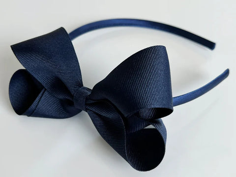 big girls headbands, hard headbands, lined headbands with bows, back to school headbands, headbands with bows for girls, school headbands, bow headbands u shaped plastic band, grosgrain ribbon bow headbands toddlers big girls 4” 4 inch big large bow, navy blue, back to school headbands and bows