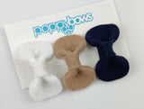 wool felt baby hair clips in white, latte beige, and navy blue
