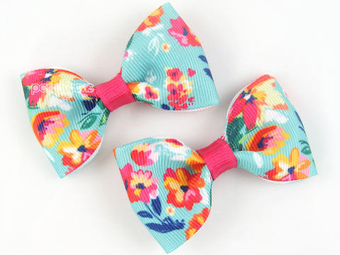 hair bow clips for babies, for girls, blue and pink flowers